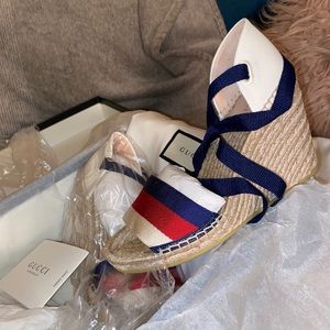 Gucci Ankle-Tie Platform Wedge Espadrille Sandals